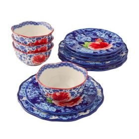 Heritage Floral 12-Piece Stoneware Dinnerware Set (Color: Blue)