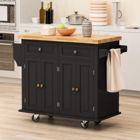 Kitchen Island Cart with Two Storage Cabinets and Two Locking Wheels,43.31 Inch Width,4 Door Cabinet and Two Drawers,Spice Rack, Towel Rack (Color: BLACK)